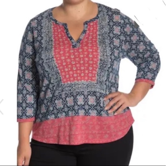 Lucky Brand Plus Size Boho Women Peasant Knit Tunic Top 1X Red Blue - Picture 1 of 7